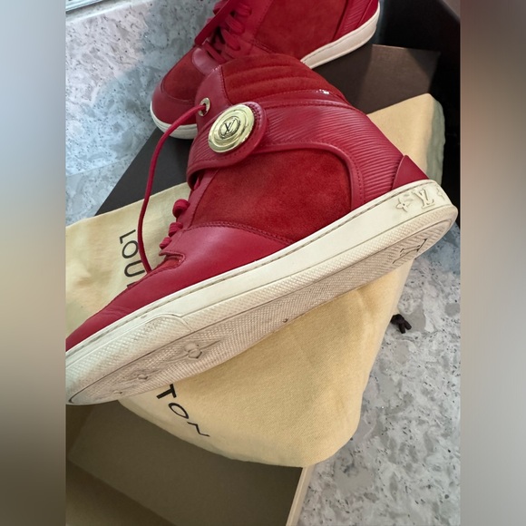Authentic Louis Vuitton red leather and suede high top wedge sneakers - Picture 7 of 9